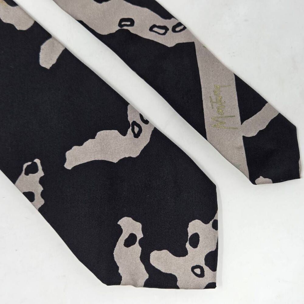 VINTAGE CLAUDE MONTANA SILK TIE BLACK TAN ABSTRACT PRINT ITALY 3.5" X 54"